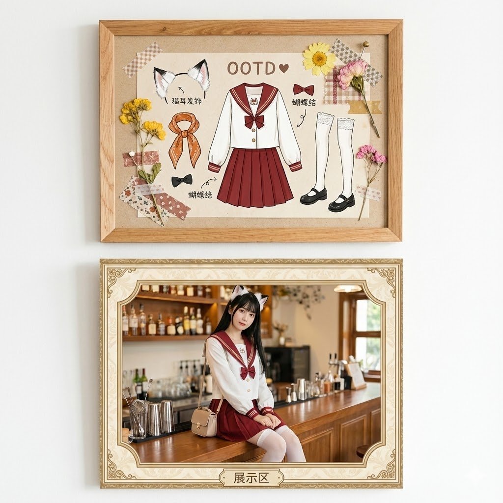 Kawaii Scrapbook Style Clothing Display with Asian Woman