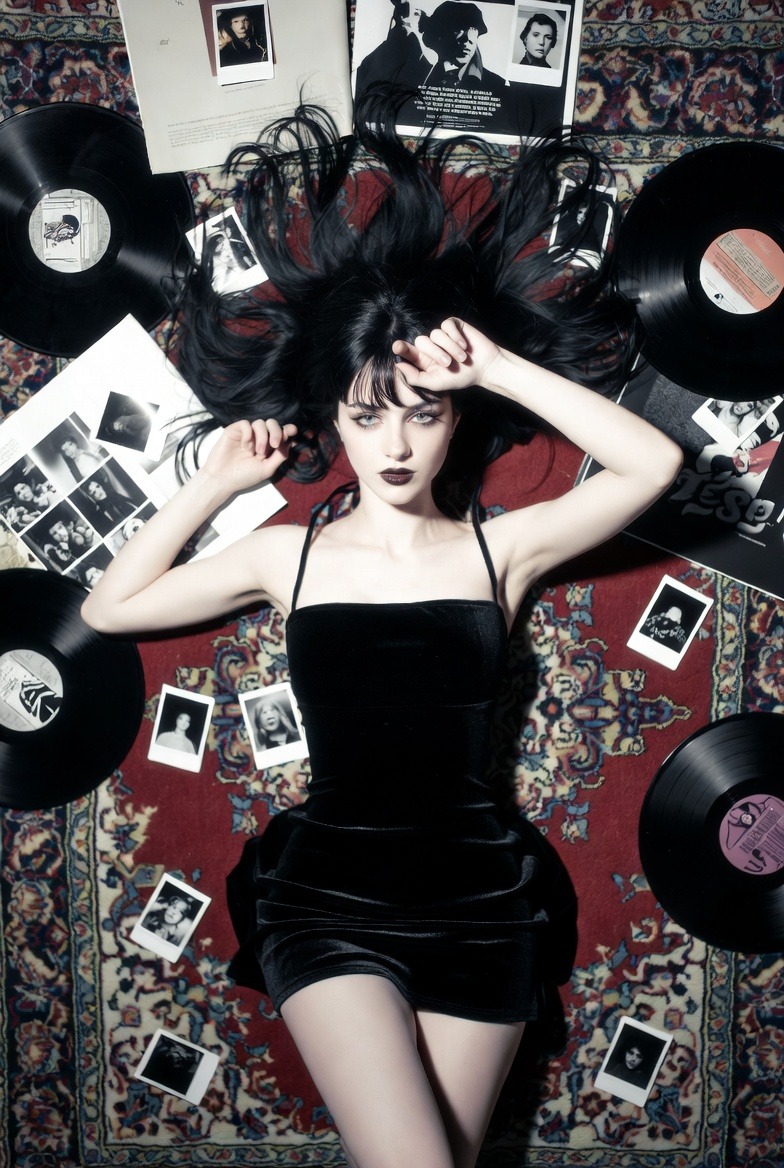 Young woman on Persian rug with Polaroid aesthetic