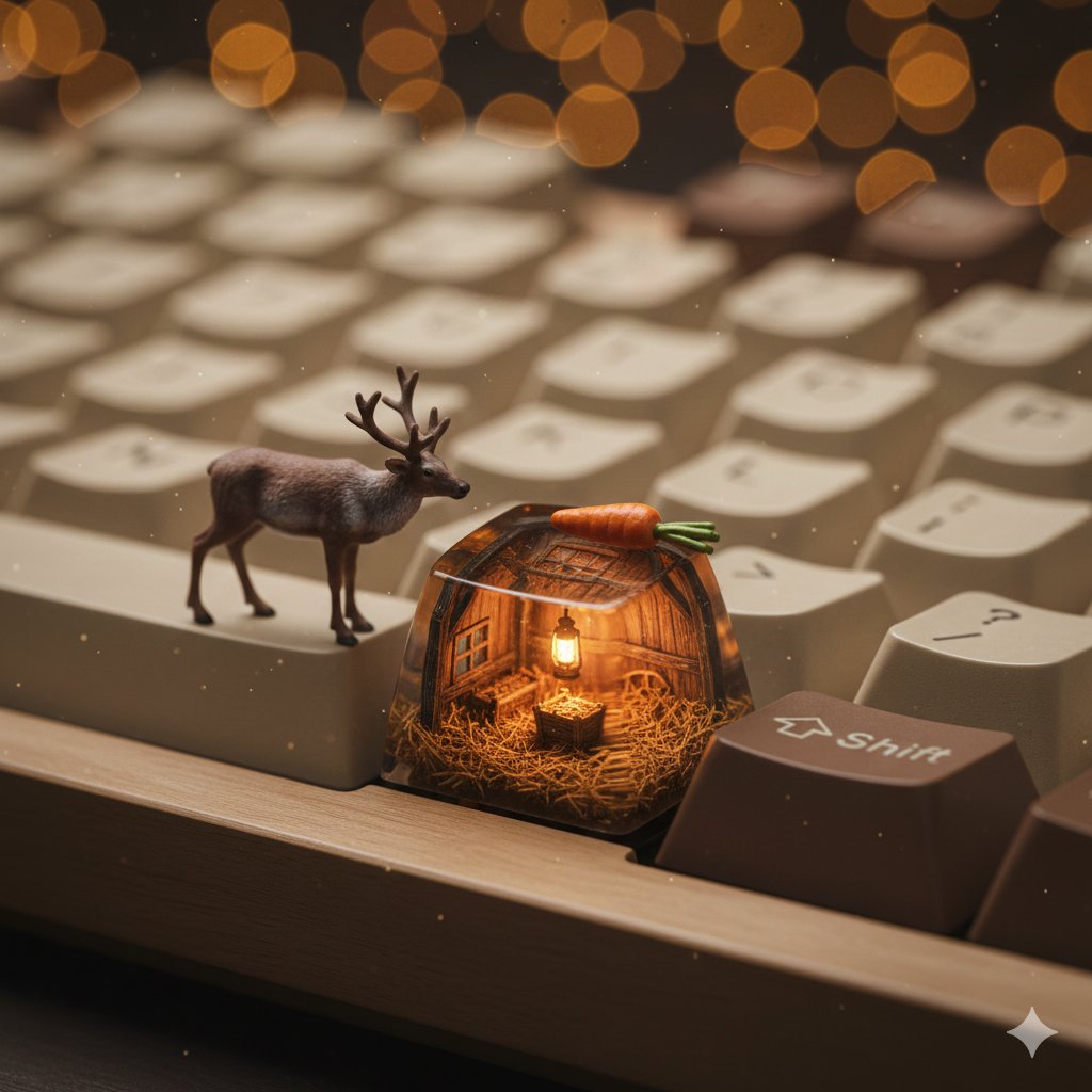 Macro photo of a retro keyboard with a barn inside a keycap