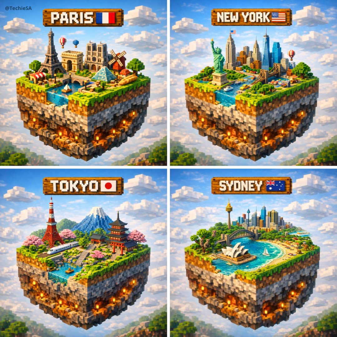 Minecraft-inspired voxel diorama of a floating city