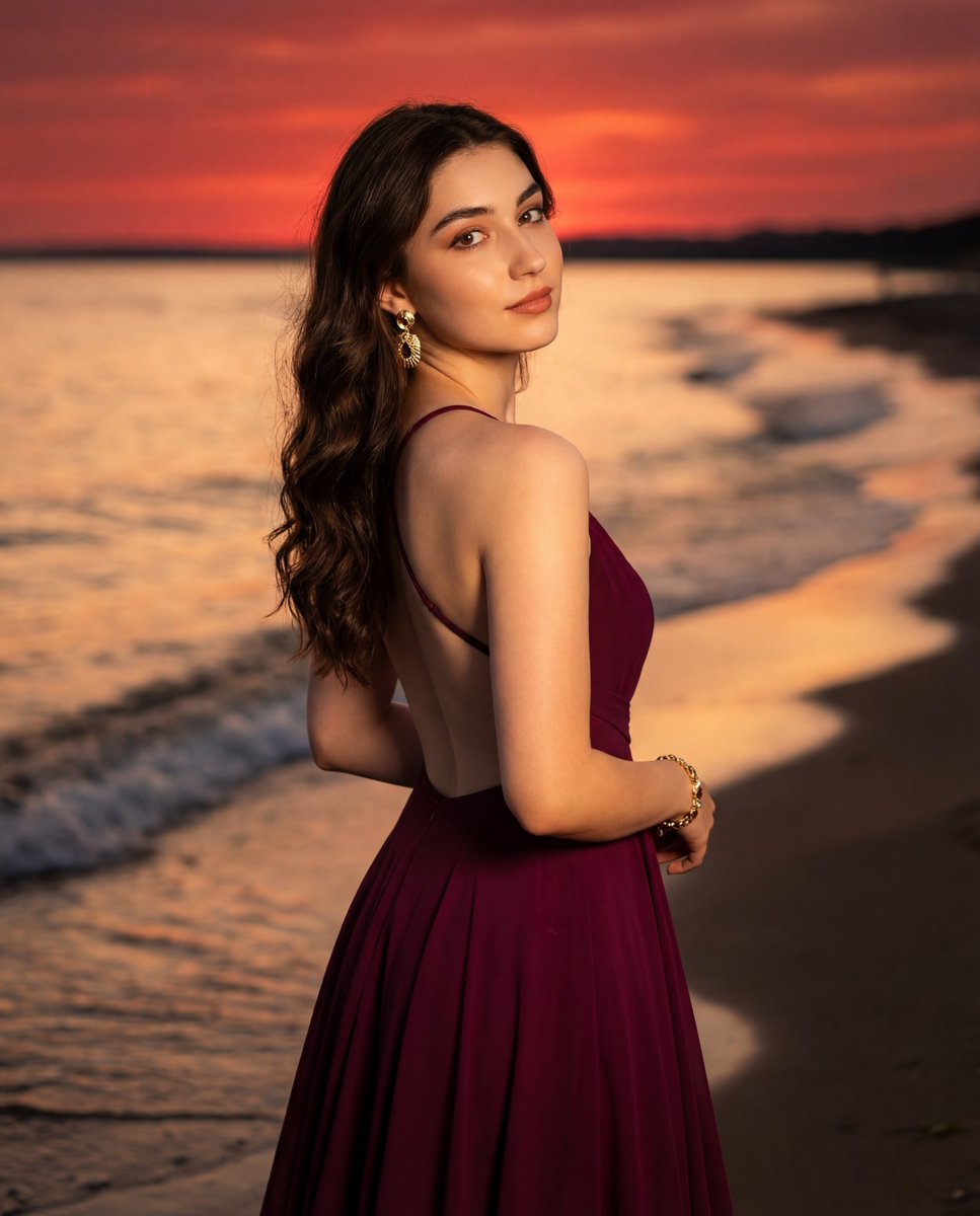Photorealistic woman in backless dress at sunset