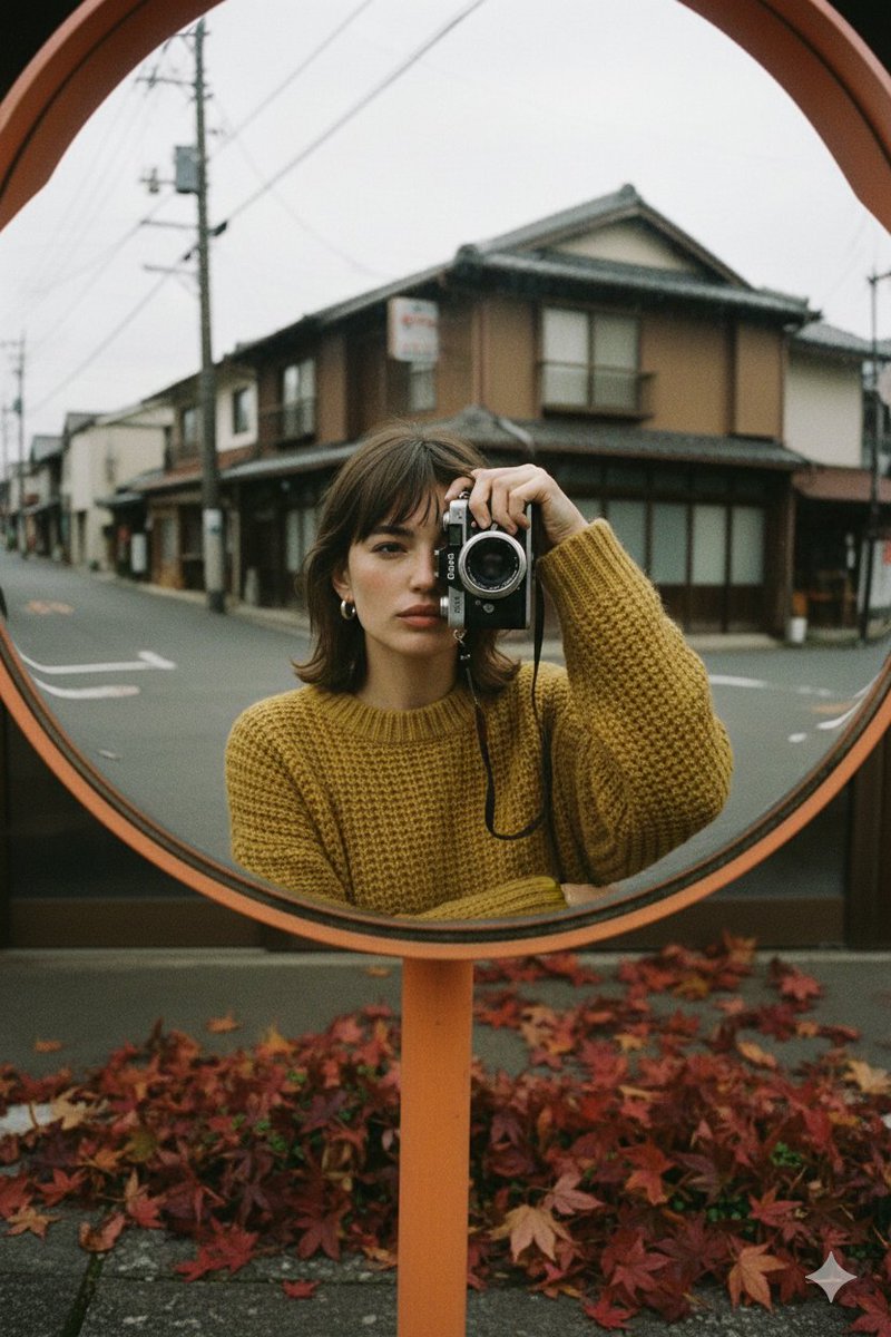 Cinematic self-portrait in Japanese street with vintage camera
