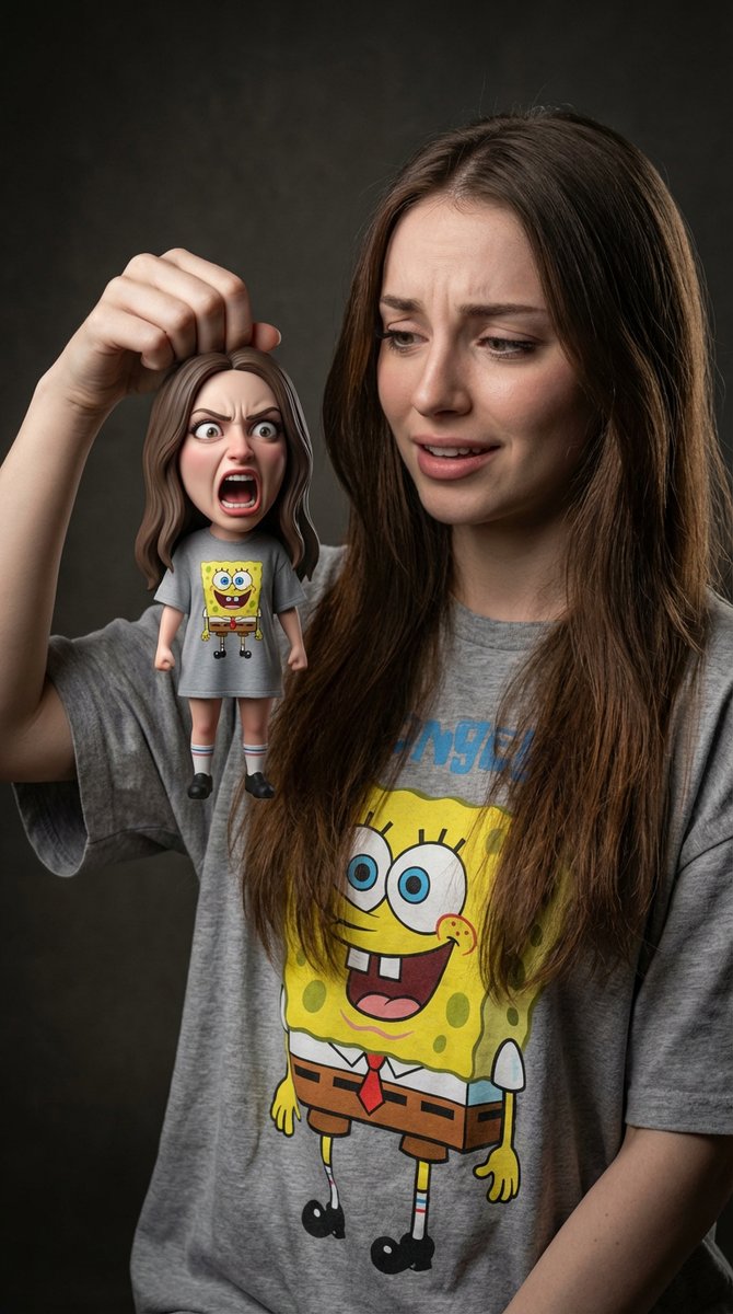 Photorealistic woman holding cartoonish miniature self