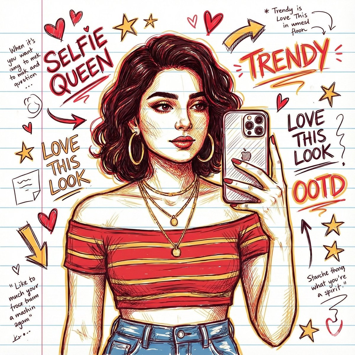 Trendy Hand-Sketched Illustration of a Woman Taking a Selfie