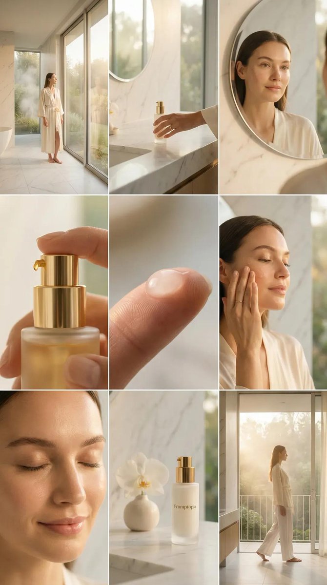 Luxurious Skincare Product Photography with Woman in Bathroom