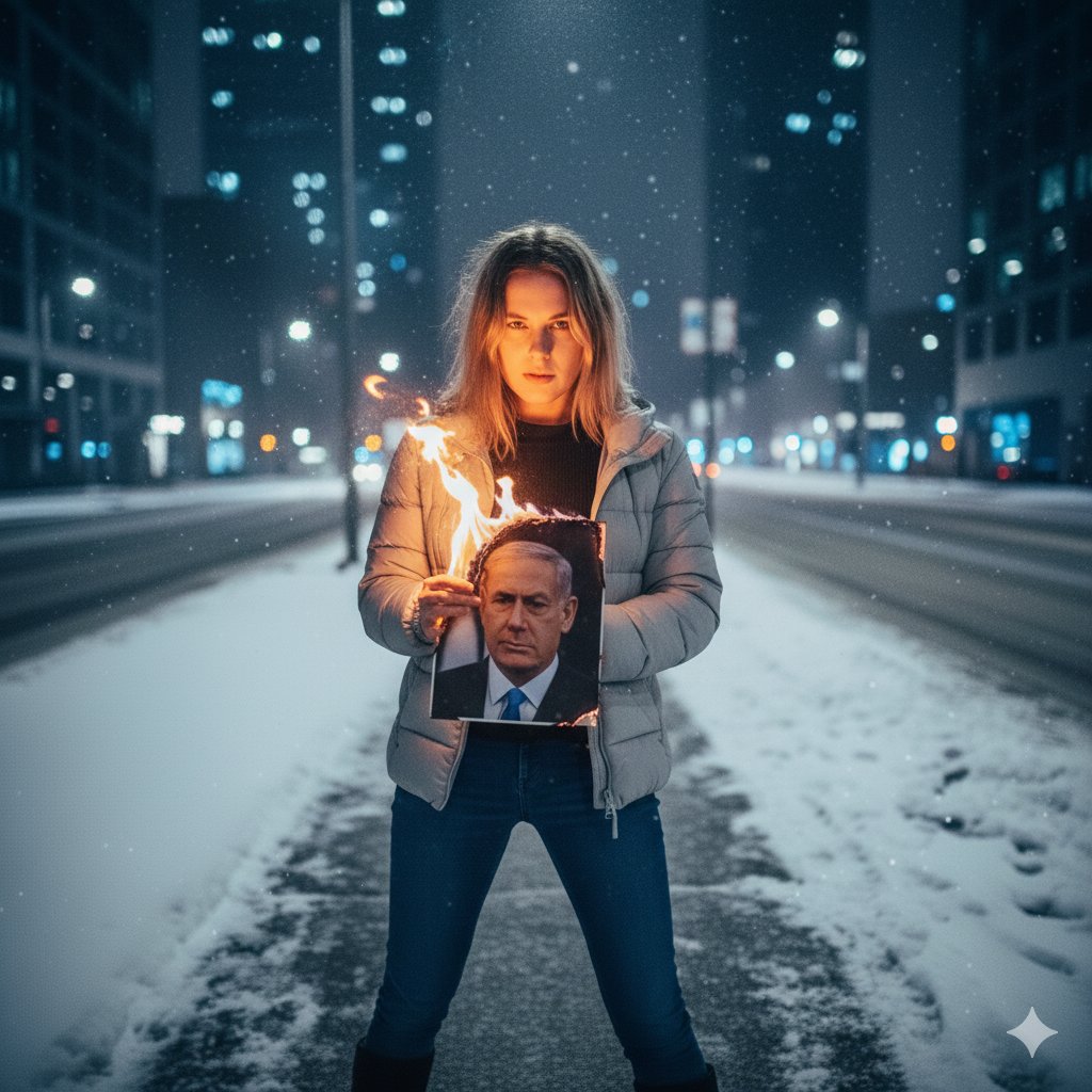Defiant Woman Lighting Cigarette with Burning Photo