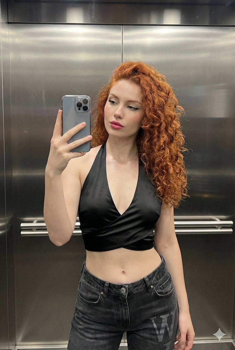 Young Woman Mirror Selfie in Elevator with Detailed Features