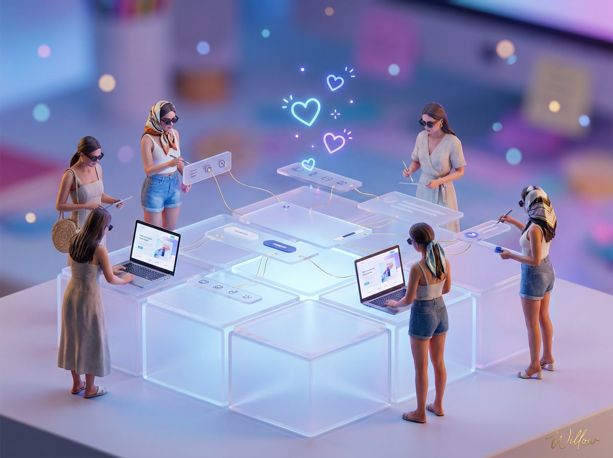 Miniature fashion influencers designing a web landing page