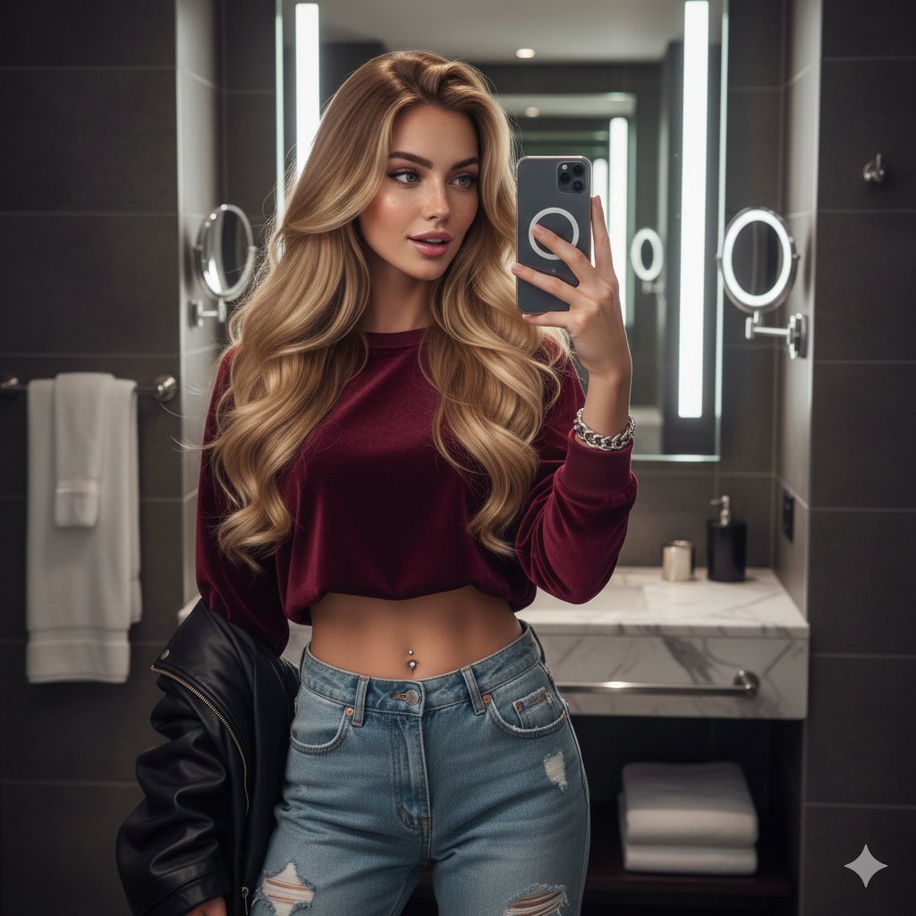 Beautiful woman's mirror selfie in a luxury bathroom