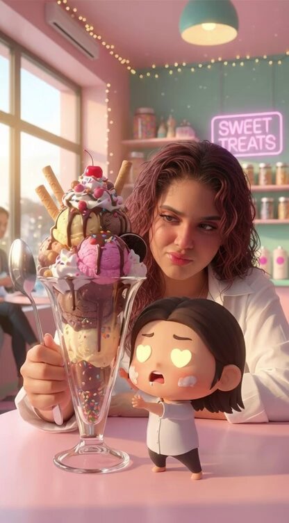 Woman & Chibi vs. Ice Cream Sundae in Pastel Parlor (8K)
