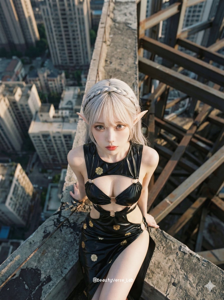Cinematic Film Still: Woman on Skyscraper, Top-Down View