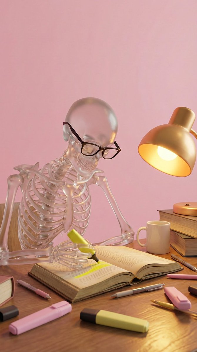 3D Render of a Glass Skeleton Studying at a Desk