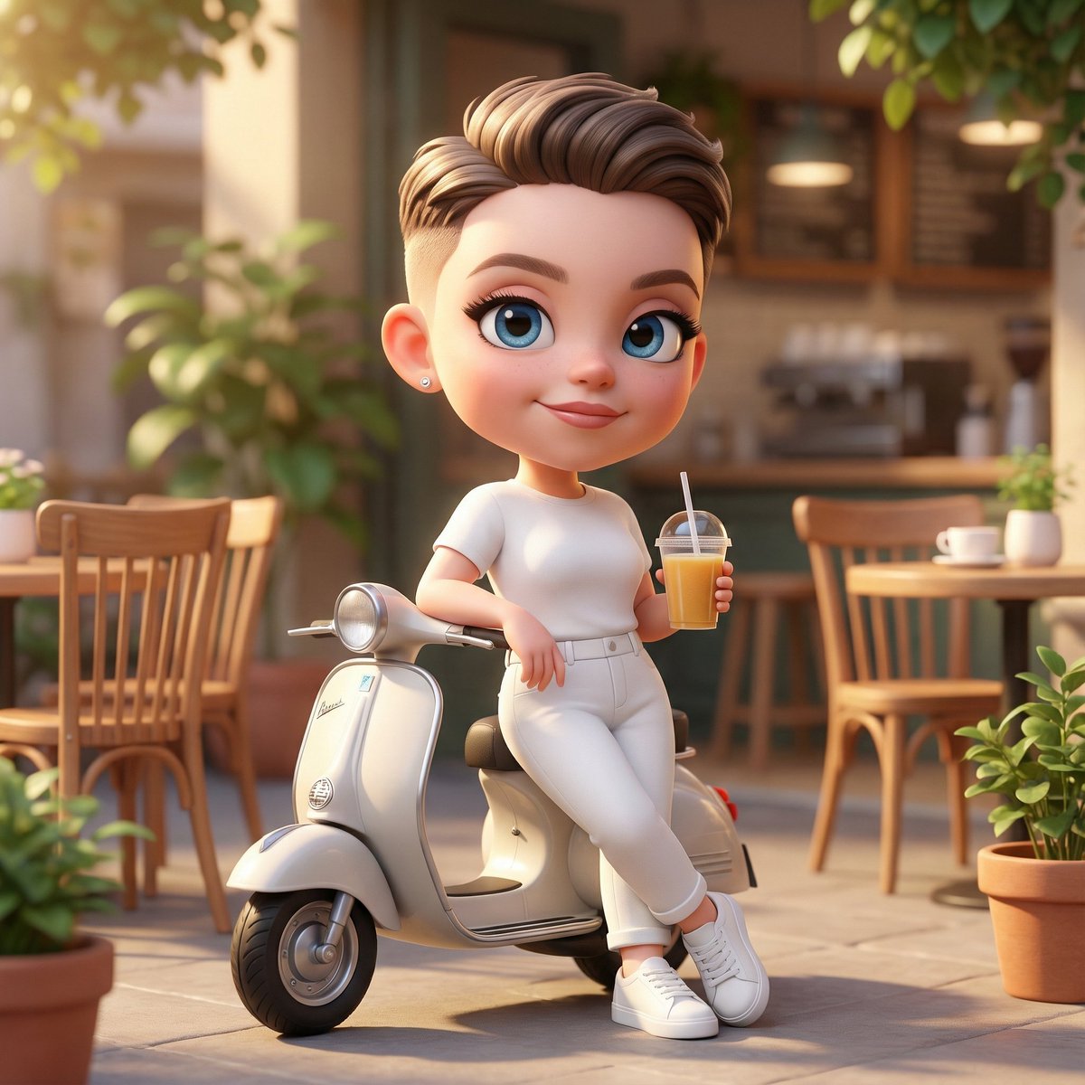 Cute 3D Chibi Character in Cozy Cafe Scene