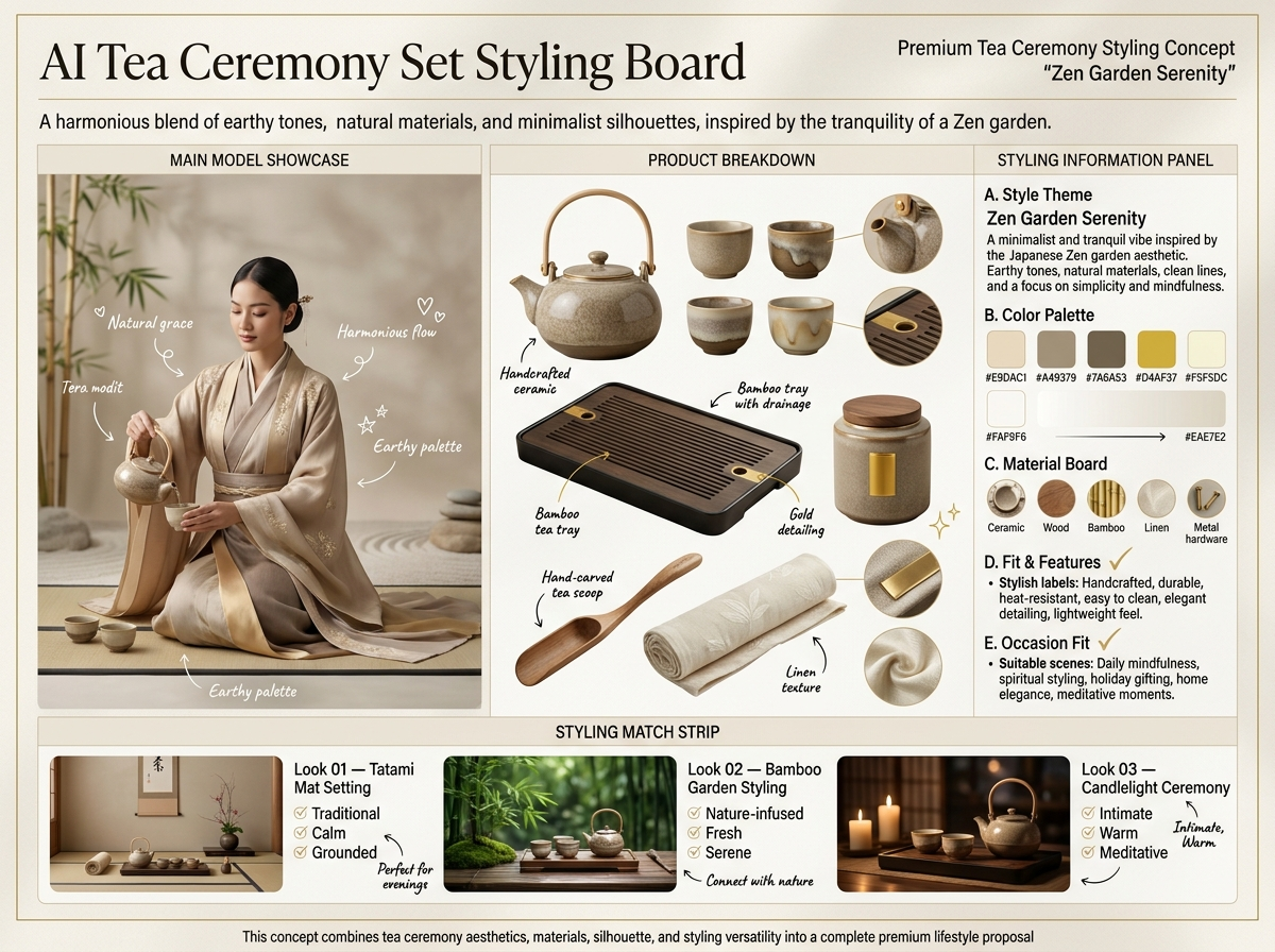 High-end horizontal 4:3 “AI Tea Ceremony Set Styling Board” ...